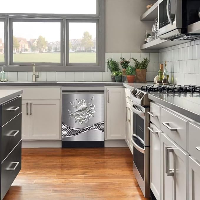 Stainless Steel Design Bird Painting Kitchen Decorative Dishwasher Cover Magnet Sticker,Fridge Panel Door,Refrigerator Decal Home Decor 23x17inch