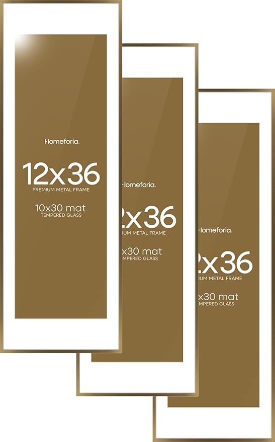 Homeforia 12x36 Picture Frame Bronze, High End Metal 12by36 Brass Poster Frames with Mat 10x30 Photo, 12 x 36 Panoramic Frames Matted to 10 by 30 Art, 36by12 Frames, Tempered Glass, Wall Kit, Set of 3