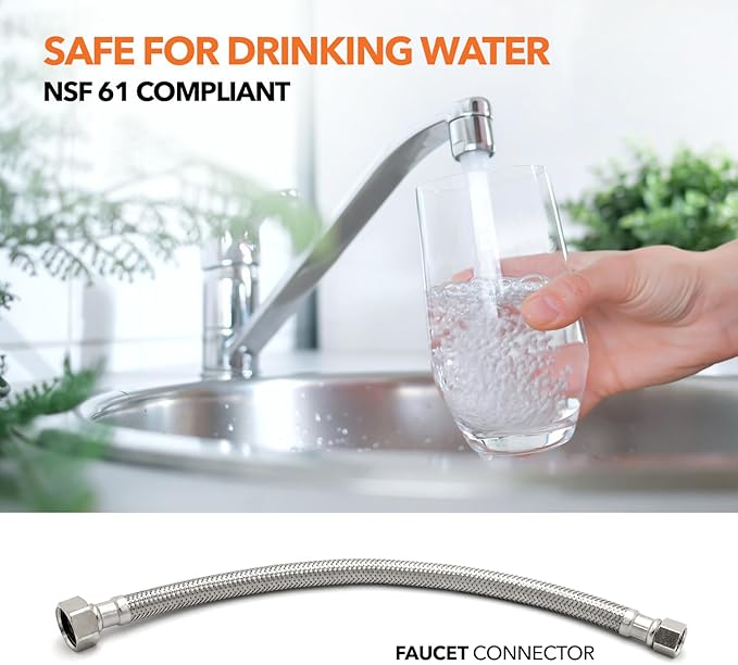 Stainless Steel Braided Water Connectors with Reinforced PVC Inner Hose for Faucets, 3/8" Compression x 1/2" FIP, 30" Length (5Pack)