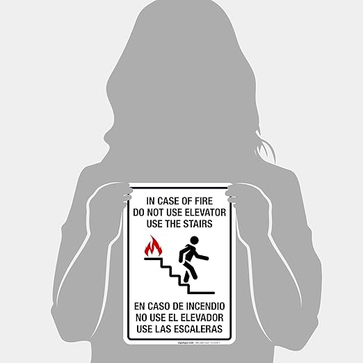 in Case of Fire Do Not Use Elevator Use The Stairs Bilingual Sign, Fire Safety Sign, 10x7 Inches, 4 Mil Vinyl Decal Stickers Weather Resistant UV Protected, Made in USA