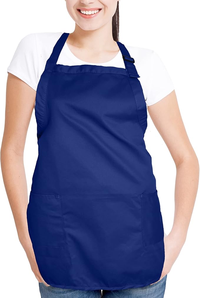 DALIX Apron Commercial Restaurant Home Bib Spun Poly Cotton Kitchen Aprons (2 Pockets) in Navy Blue 2 Pack