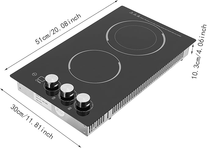 2-Burner Electric Cooktop, 20 Inch Electric Stovetop, Built-in Induction Stove Top for Home Kitchen, Stainless Steel Glass Ceramic Cooktop with Child Lock