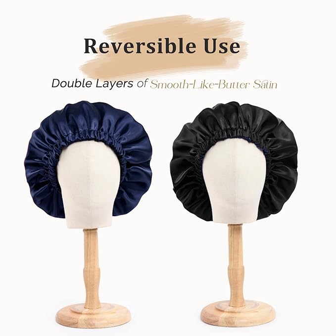 YANIBEST Adjustable Satin Bonnet Double Layer Hair Bonnet for Sleeping Bonnets for Women Hats Curly Natural Hair, Navy Blue