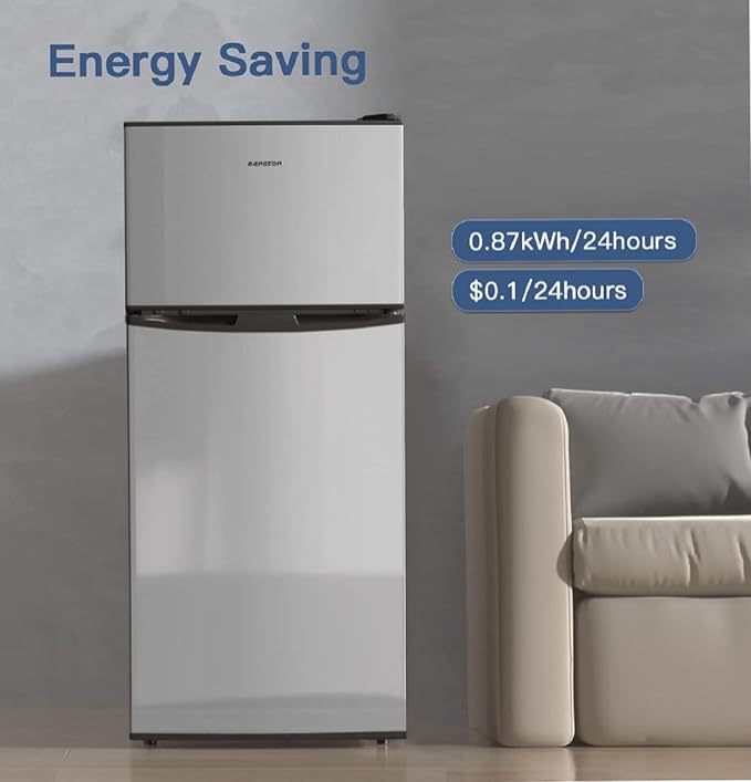 BANGSON 4.0 Cu.Ft Small Refrigerator with Freezer, Small Fridge with Top Freezer, for Apartment, Bedroom, Dorm, and Office, Double Door, Stainless Steel, Silver