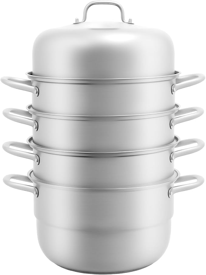 5-Tier Food Steamer Pot for Cooking, 2.38 Gal Stainless Steel Steamer Pot with Lid, Stackable Steaming Pots Steam Cooker Cookware for Dumpling Seafood, Compatible with Gas Stove (12.8 Diameter)
