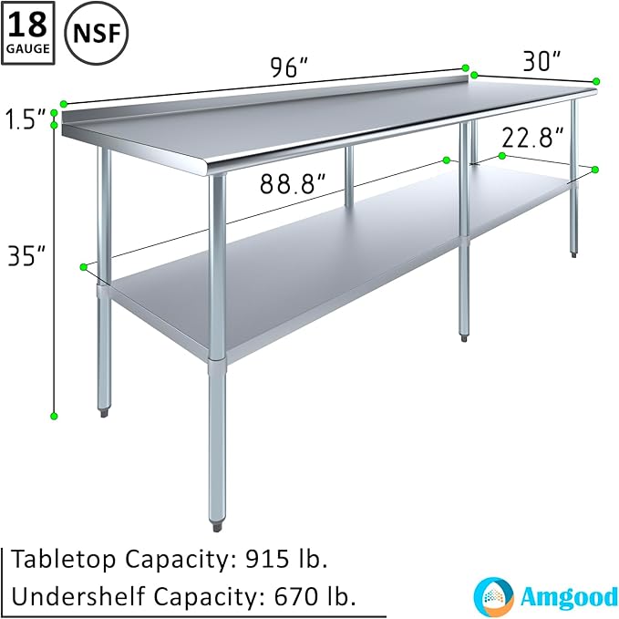 AmGood Stainless Steel Work Table with 1.5" Backsplash | Metal Kitchen Food Prep Table | NSF (96" Long x 30" Deep)