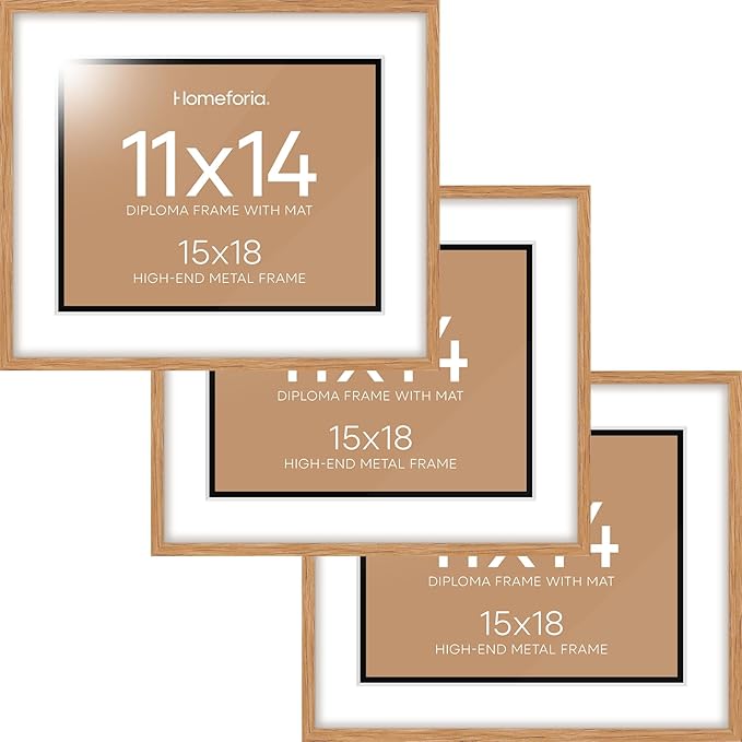Homeforia 15x18 Diploma Wood Frame, High End Natural Oak 15 x 18 Certificate Frames with Mat for 11x14, 18x15 Document Matted Frame, Graduation Degree Wooden Frames, Tempered Glass, Wall Kit, Set of 3