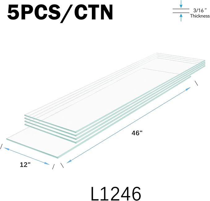 Floating Shelves - Pack of 5 Tempered Glass Shelves, 12" W x 46" L, 3/16" Thick, Polished Edges-– Rectangular Replacement Shelves for Cabinets, Display Cases & Retail Fixtures