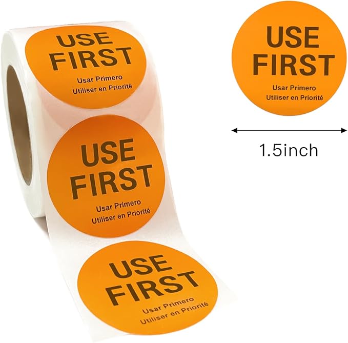 500 Pcs 1.5 Inch Use First Stickers Food Service Roll, Risepekt Orange FIFO Label for Restaurant Inventory Control Management, Permanent Super Adhesive Food Circle Dot Labels, Trilingual Product Label