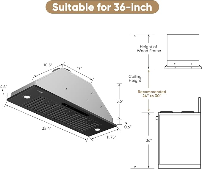 36 inch Built-in/Insert Range Hood 980 CFM, Ducted/Ductless Convertible Duct Stainless Steel Kitchen Vent Hood with 4 Speed Gesture Sensing& Touch Control Panel, Black