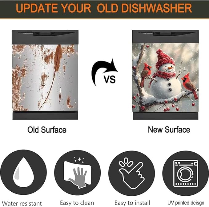 Christmas Snowman Dishwasher Magnetic Cover Front Door Stickers Cardinal Bird Dishwasher Magnet Covers Kitchen Fridge Decals Xmas Decoration Kitchen Cabinet Sticker, Magnetic 23" x 26"