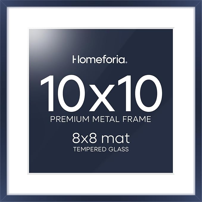 Homeforia 10x10 Picture Frame Navy Blue, High End Metal 10 by 10 Square Frames with Mat 8 x 8 Photo, 10by10 Poster Frame Matted to 8x8 Print, Wall or Tabletop Frame, Tempered Glass, Wall Kit, Set of 1