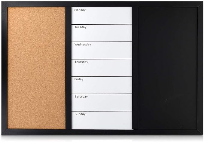 Navaris Combination Board Cork/Whiteboard/Chalkboard - 24 x 36 inches Combo Bulletin Magnetic Dry Erase Chalk Board Weekly Planner Message Organizer
