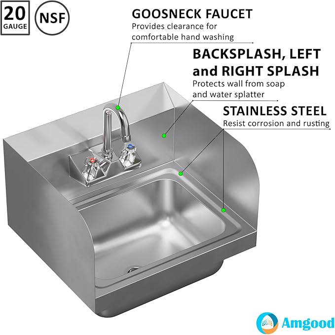 AmGood Stainless Steel Wall Mount Hand Sink | NSF | Commercial Hand Washing Basin For Restaurant, Kitchen and Home (17" x 15" with Sidesplash)