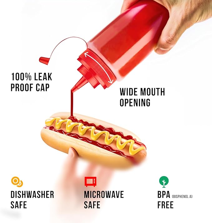 Norcalway Condiment Squeeze Bottles for Liquids - 8 OZ 8 Pack Squeeze Bottle | BPA Free Plastic Condiment Bottles for Syrup, Ketchup, Sauces, Dressing, Oil, Honey | Squirt Bottles for Liquids