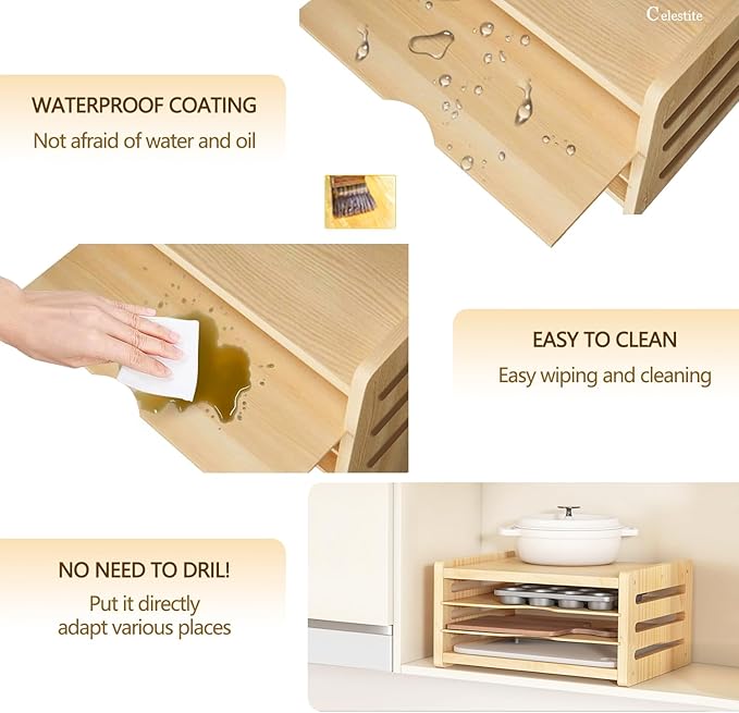 celestite Wooden Tray Dividers for Cabinets, Cookie Sheet Organizer for Cabinet, Baking Sheet Pan Organizer for Kitchen Organizers and Storage (4 Tier 12.4" Wx8.9 Hx16.7 D)
