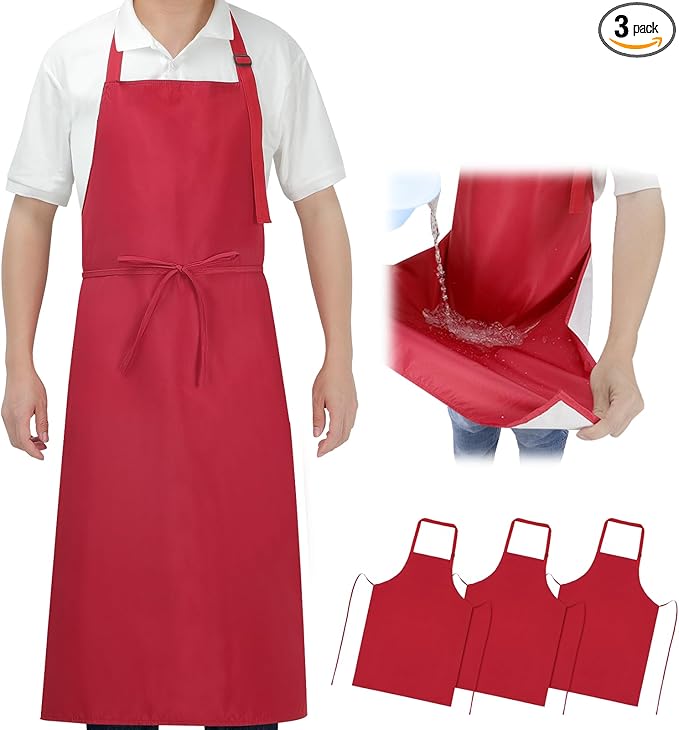 3-Layer Waterproof Apron - Pocket-Free Hygienic Design for Dishwashing & Dog Grooming - Lightweight Durable Protection for messy Kitchen Cooking, Baking, for Men & Women (3 Pack,Red)