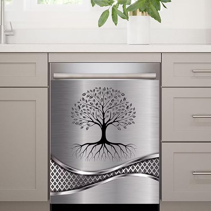 Stainless Steel Design Tree Wallpaper Magnet Dishwasher Cover Sticker,Kitchen Decor Refrigerator Magnets Decorative Fridge Magnetic Decal Vinyl Panel 23Wx17H inch