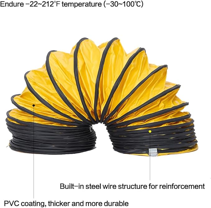 Ducting Hose PVC Flexible Duct Hosing with Adjustable Rope S Hook & Steel Support for Utility Blower Exhaust Fan (12''X25ft)