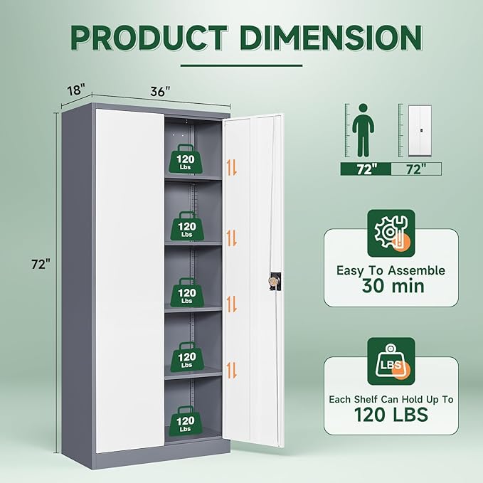 Letaya Metal Garage Storage Cabinets with Lock Door and Adjustable Shelves, Steel Tool Cabinets for Home,Office,Warehouse Organisieren (Gery White, 72" H)