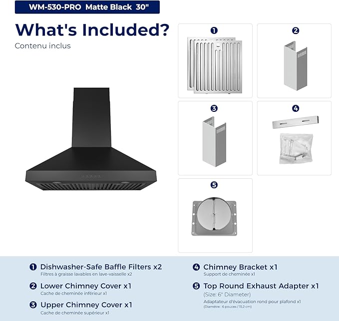 Hauslane Wall Mount Range Hood 30 Inch, Pro Model, Matt Black Stainless Steel Range Hood, Strong Suction, Changeable LED Lamps, 6” Duct or Ductless, Kitchen Hood Vent, Stove Hood Vent