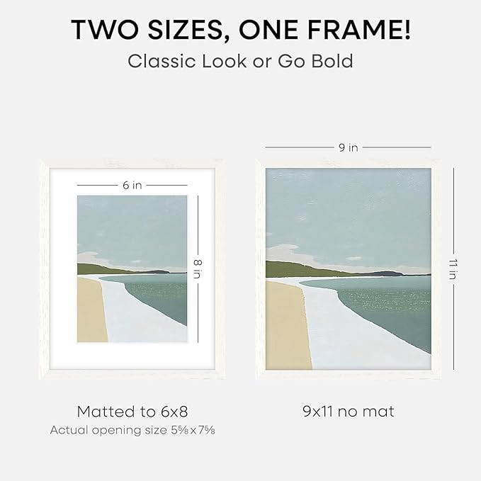 Homeforia 9x11 Frame White Wood, High End Oak 9 x 11 Picture Frames with Mat 6 by 8 Print, 9by11 White Wooden Frame Matted to 6x8 inch Photo, Wall or Tabletop Frames, Tempered Glass, Wall Kit, Set of 2