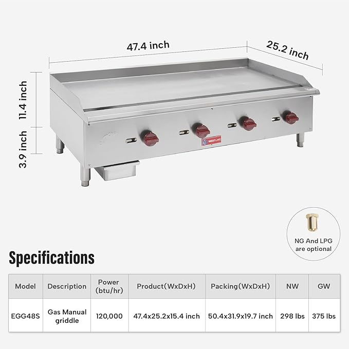 WESTLAKE 60"W Commercial Gas Griddle Countertop Natural Gas and Propane Griddle with 5 Burners 150000 BTU, Stainless Steel Plate Grill for Restaurants