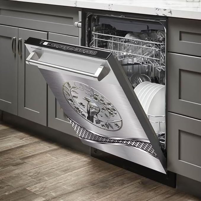 Imitation Stainless Steel Design Bird Wallpaper Dishwasher Magnet Cover Sticker,Refrigerator Magnet Cover Decal Fridge Microwave Stickers Kitchen Decor,23 x 26 Inch