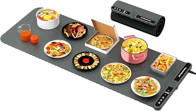 Extra Large Warming Mat for Food XXL:40”X15” Soft Electronic Food Warmers for Parties Buffet Silicone Food Warming Mat 6-Level Timer 9-Level Temp Control 18H Auto-Off 8S Fast Heating Grey