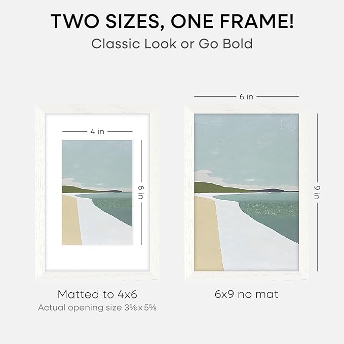 Homeforia 6x9 Picture Frame White, High End Oak 9x6 Wooden Frames with Mat 6x4 Print, 6 x 9 White Wood Frame Matted to 4 x 6 inch Photo, 6by9 Wall or Tabletop Frame, Tempered Glass, Wall Kit, Set of 2