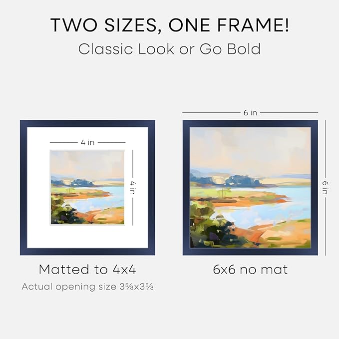 Homeforia 6x6 Frame Navy Blue, High End Metal 6 x 6 Square Picture Frames with Mat 4 by 4 Art, 6x6 Photo Frame Matted to 4x4 inch Print, 6by6 Wall or Tabletop Frames, Tempered Glass, Wall Kit, Set of 1