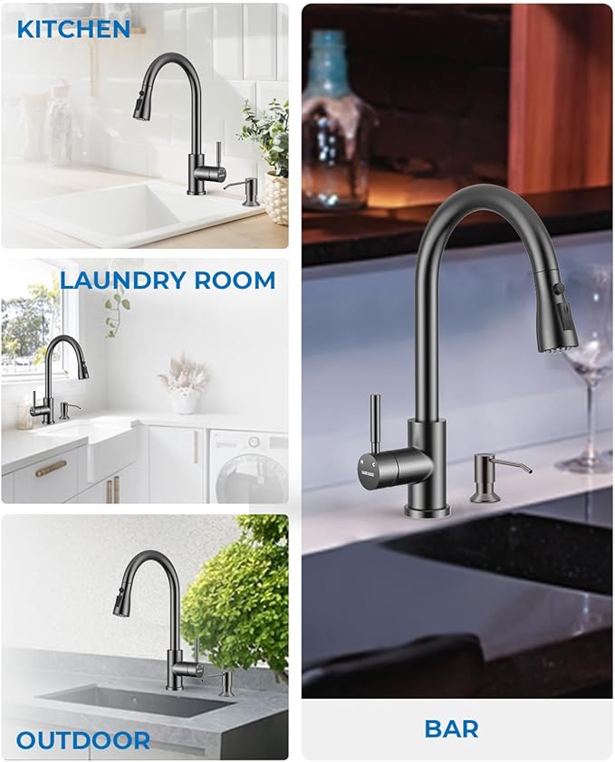 WEWE Kitchen Faucet with Pull Down Sprayer and Soap Dispenser, Stainless Steel Kitchen Sink Faucets, 3-Mode High Arc Single Handle Faucet for RV Farmhouse, Matte Gray