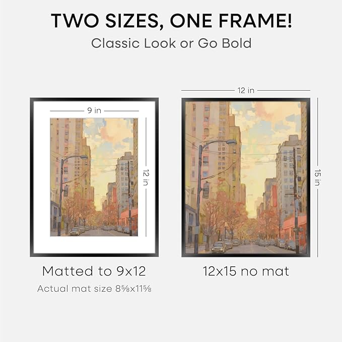 Homeforia 12x15 Picture Frame Black, High End Metal 12x15 Poster Frames with Mat 9x12 for Photo, 12 x 15 Black Frame Matted to 9 by 12 inch Print, 15x12 Thin Frames, Tempered Glass, Wall Kit, Set of 2