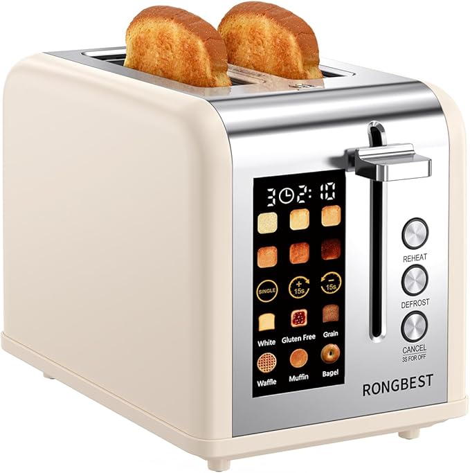 2 Slice Easy Touch Screen Toaster, Stainless Steel Toaster with Wide Slots, Even Toasting for Bagels & Bread, Reheat & Defrost, Removable Crumb Tray, Cream Color