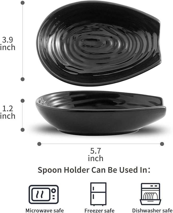 Hasense Spoon Rest for Stove Top, Spoon Holder for Kitchen Counter, Ceramic Cooking Spoon Holder for Ladle Spatula Tong and Spoon, Kitchen Utensil Rest for Home Coffee Bar Decor, Black, 2 PCS