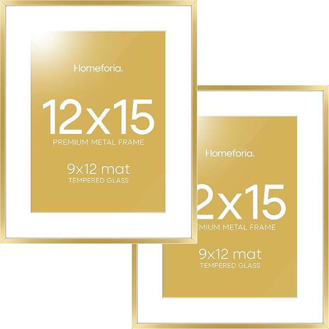 Homeforia 12x15 Picture Frame Gold, High End Metal 12x15 Poster Frames with Mat 9x12 for Photo, 12 x 15 Gold Frame Matted to 9 by 12 Print, 15x12 Thin Hanging Frame, Tempered Glass, Wall Kit, Set of 2