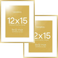 Homeforia 12x15 Picture Frame Gold, High End Metal 12x15 Poster Frames with Mat 9x12 for Photo, 12 x 15 Gold Frame Matted to 9 by 12 Print, 15x12 Thin Hanging Frame, Tempered Glass, Wall Kit, Set of 2