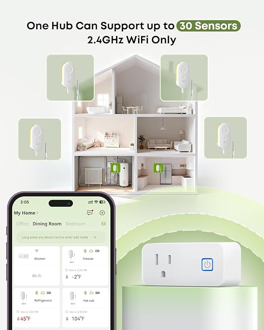 MOCREO WiFi Refrigerator Thermometer with Freezer Alarm, Email Alert, App Notification, Data Logging Export, No Subscription Fee, 2 Remote Temperature Sensor for Home Kitchen, Hot Tub