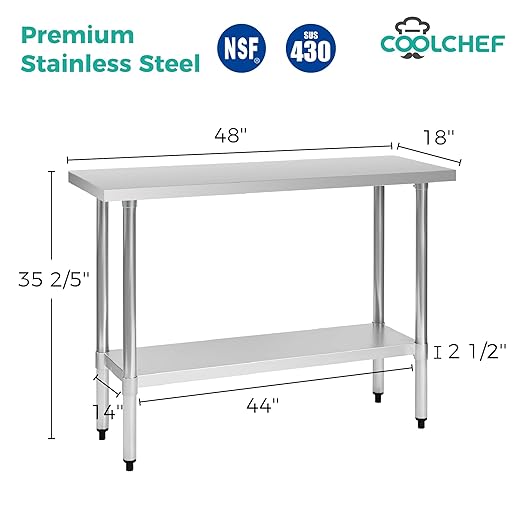 COOLCHEF Stainless Steel Work Table 18 x 48 Inch, NSF Commercial Prep Table with Undershelf, Heavy Duty Food Prep Workstation