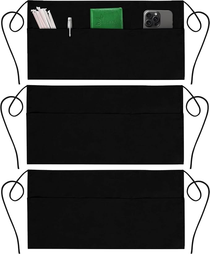 GREEN LIFESTYLE 3 Pack Server Aprons with 3 Pockets - Waist Apron, Waitress Apron for Women and Man, Water Resistant with Long Waist Strap Reinforced Seams, Half Apron (Black)