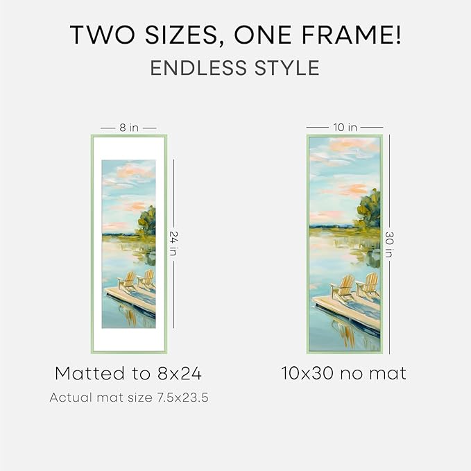 Homeforia 10x30 Sage Green Picture Frame, High End Metal 10by30 Poster Frames with Mat 8x24 Photo, 10 x 30 Green Frame Matted to 8 x 24 Print, 30x10 Panoramic Frame, Tempered Glass, Wall Kit, Set of 2