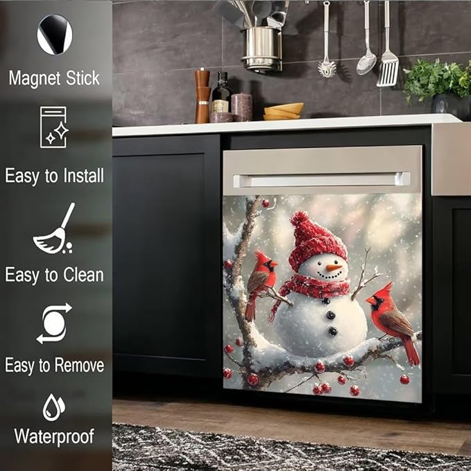 Christmas Snowman Dishwasher Magnetic Cover Front Door Stickers Cardinal Bird Dishwasher Magnet Covers Kitchen Fridge Decals Xmas Decoration Kitchen Cabinet Sticker, Magnetic 23" x 17"