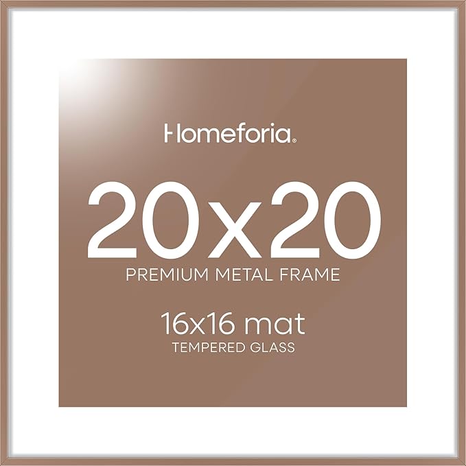 Homeforia 20x20 Picture Frame Mocha, High End Metal 20x20 Square Poster Frame Matted to 16x16 Print, 20 x 20 Mocha Frames with Mat 16 x 16 Photo, 20by20 Thin Frames, Tempered Glass, Wall Kit, Set of 1