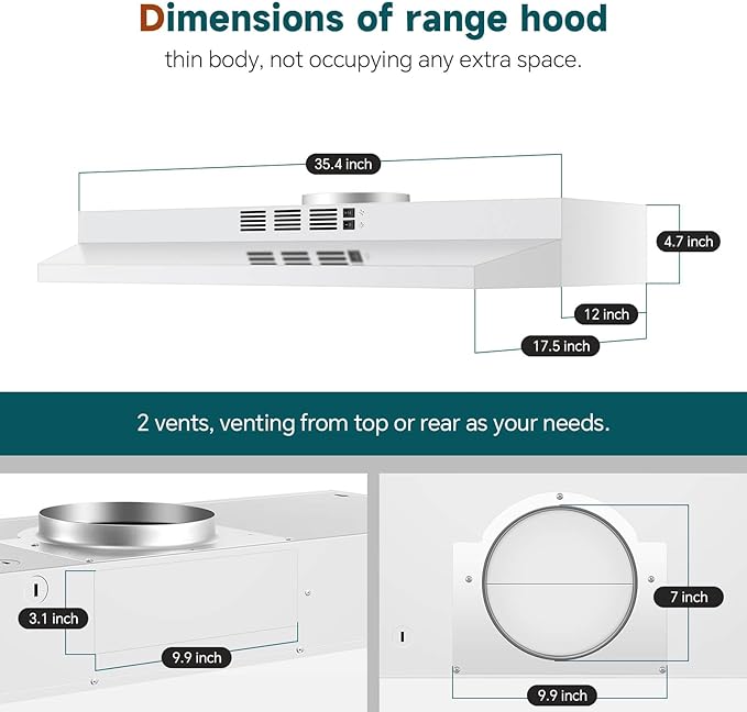 SNDOAS Range Hood 36 inch Under Cabinet,White Spray Painting Stainless Vent Hood with 2 speeds and 230 CFM,Ductless Range Hood with Rocker Buttons,Aluminum Mesh Filter,Kitchen Hood without Plug