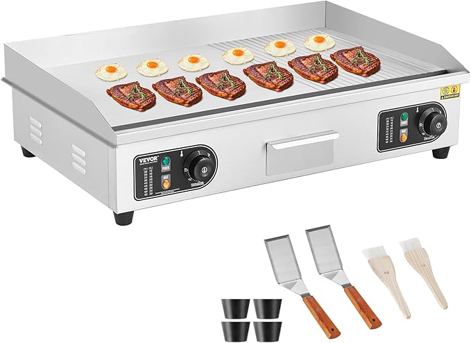 VEVOR Upgraded Commercial Electric Griddle, 2800W Countertop Half-Flat Top Grill, 122℉-572℉ Adjustable Temp, 29'' Stainless Steel Griddle Grill for Home or Restaurant(No Plug)