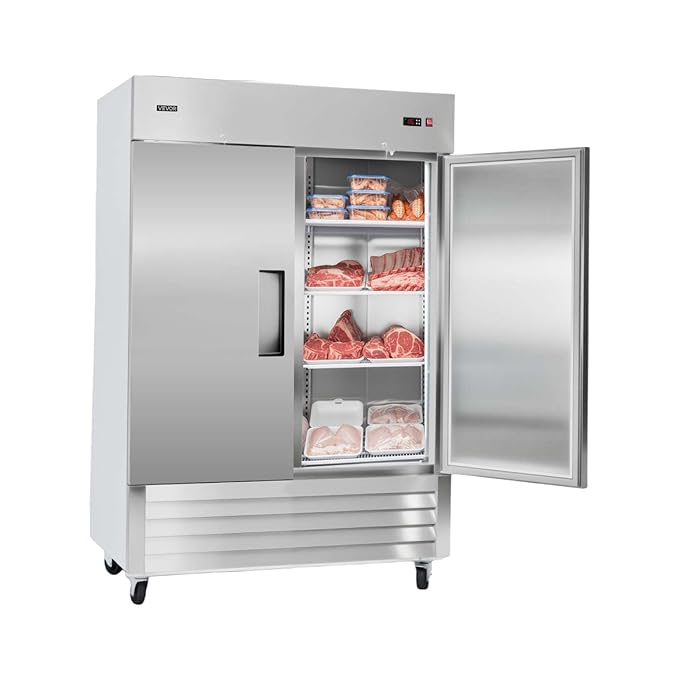 VEVOR Commercial Reach-In Freezer 54" W, 44 Cu.Ft Stainless Steel Upright Freezer with Double Doors, Auto-Defrost, 8 Adjustable Shelves, -11 to 14℉ Temp Control, ETL Certified