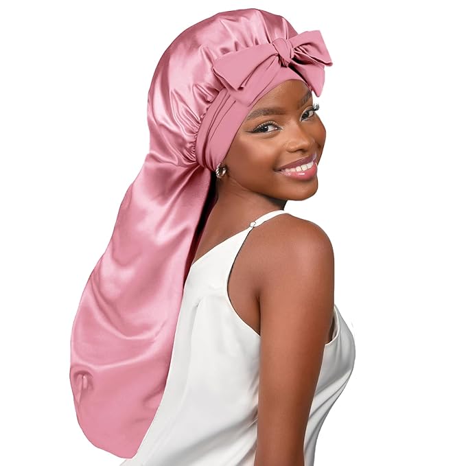 YANIBEST Long Bonnet Satin Bonnet for Sleeping Braid Bonnet with Tie Band Silk Sleep Bonnet for Women Locs Blush Pink