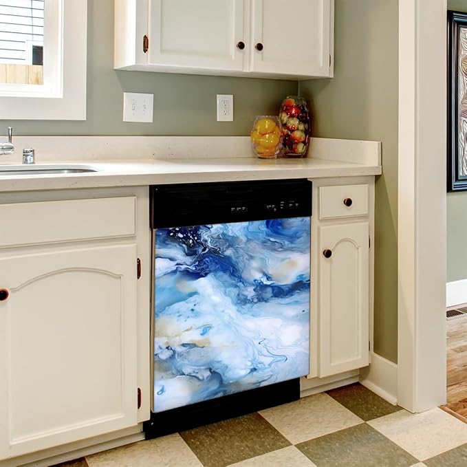 Marble Ripple Blue White Dishwasher Magnet Cover, Reusable Refrigerator Panel Stickers Microwave Front Door Covers Magnets for Kitchen Home Appliances Holiday Party Decorations 23 X 26 in