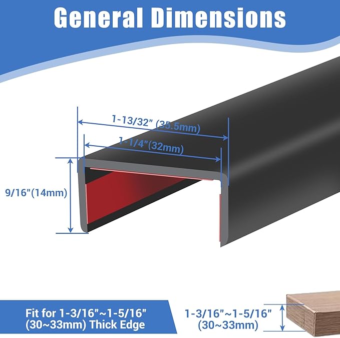 Rubber Edge Trim, Self-Adhesive U Channel Edge Protector for Plywood, Cabinet, 1-1/4" Wood Edge Banding, Flexible Furniture Repair, EPDM Material, Fit 1-1/4"(32mm), Length 20Ft, Black