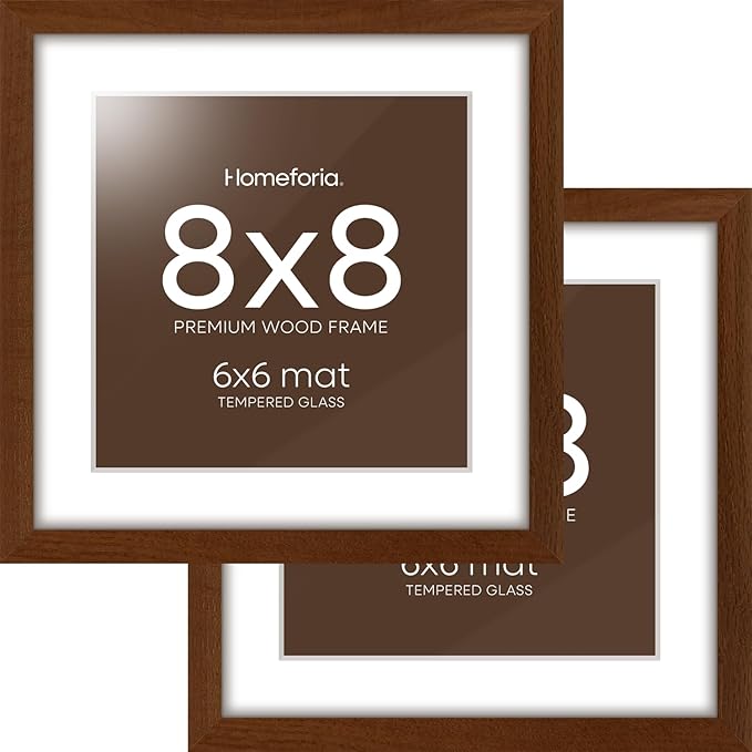 Homeforia 8x8 Picture Frame Brown, High-End Dark Oak 8 x 8 Square Brown Wood Frame with Mat 6 by 6 for Art, 8by8 Wooden Walnut Poster Frame Matted to 6x6 inch Photo, Tempered Glass, Wall Kit, Set of 2